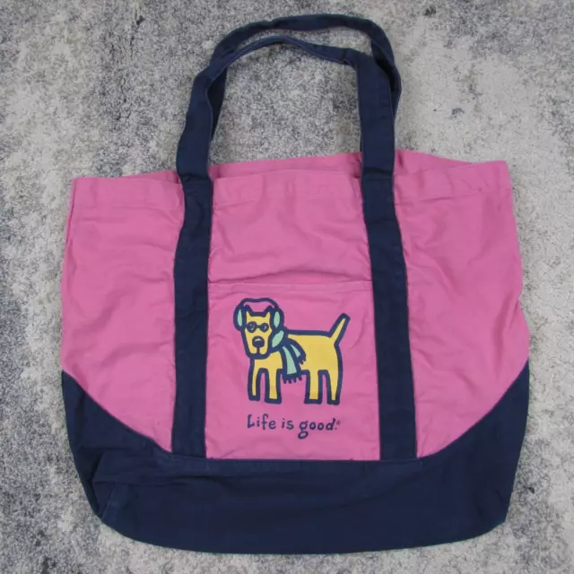 Life Is Good Tote Bag Pink Dog Headphones 100% Cotton Canvas Beach Shopping