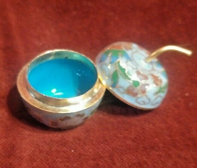 Vintage Cloisonne Enamel Apple Trinket Jewelry Box LIGHT BLUE Floral Designs