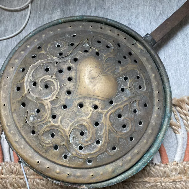 Antique French Heart Copper Bed Warmer. Copper Chestnut Roasting Pan. 12” 2