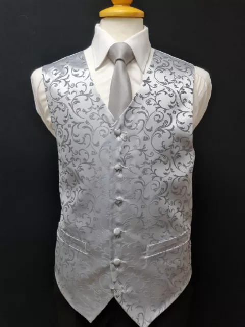 W7 Mens Silver Grey Wedding Evening Formal Waistcoat Smart Casual Tuxedo Vest