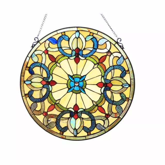 Antique Vintage Style 22" Round Stained Glass Window Hanging Panel Suncatcher