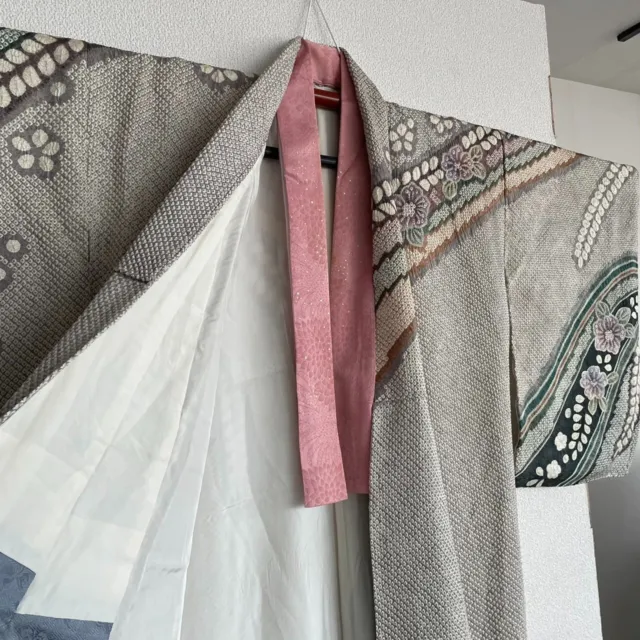 Japanese Kimono Silk Furisode Vintage Traditional flower pattern mintgreen color