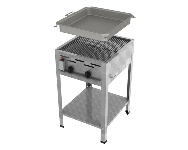Edelstahl Wurstbräter Gasgrill 2-flammig 7,3 KW Rost und Pfanne Imbissgrill