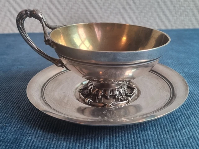 Porte-tasse Ancien En Métal Argenté Avec Verre Décoré – Superbe Décors