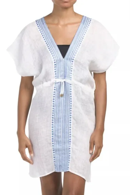 NWT Vitamin A Caftan Linen Swimwear Cover-up Medium M White / Blue Embroidered