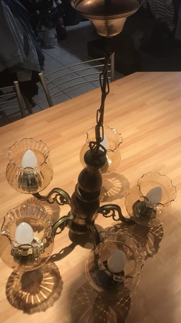 Lustre En Bois Vintage 3 Branches - Sans Marque, état Correct