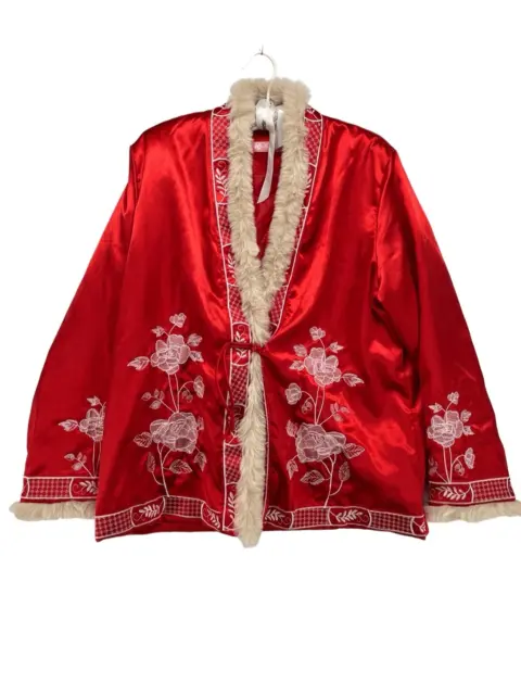 Hanxiujia Chinese Traditional Jacket Red Satin Faux Fur Trim Floral Embroidered