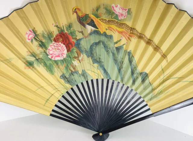 HUGE 62” Chinese Hand Painted Folding Fan Rice Paper Pheasant Red Rose Floral￼￼