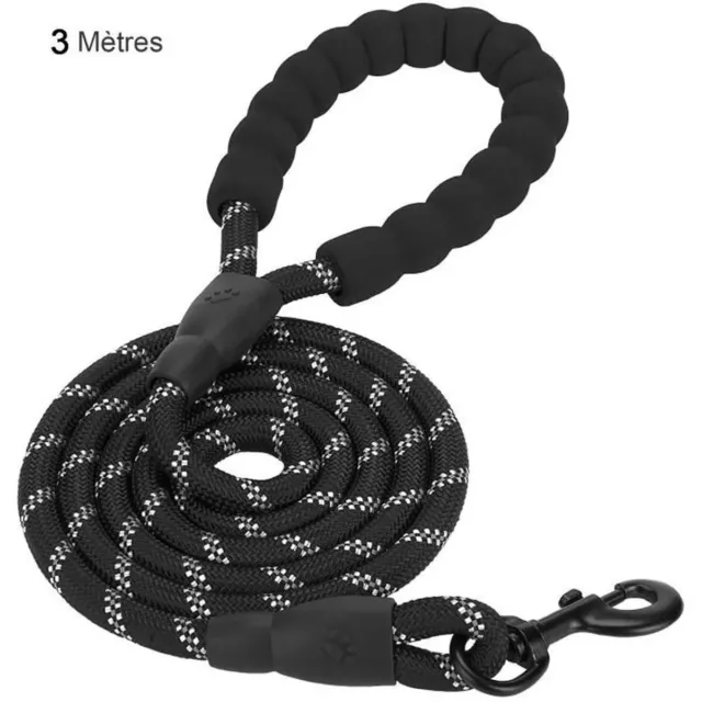 Laisse Chien Longueur 3 m Laisse Robuste Nylon Poignée Confort Rembourrée Noir