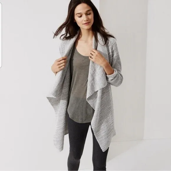 Lou & Grey Loft Gray Wool Blend Chunky Knit Waterfall Cardigan Sweater Size XS