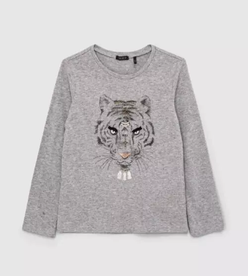 IKKS JUNIOR Girls Grey Printed Long Sleeve T-Shirt Age 9-10 Tiger Studded RRP£32