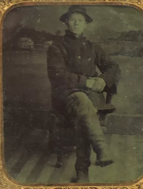 Mid-19th Century Tintype: Young Man in tall boots and a warm coat.