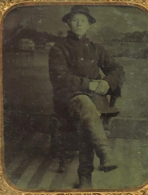 Mid-19th Century Tintype: Young Man in tall boots and a warm coat.