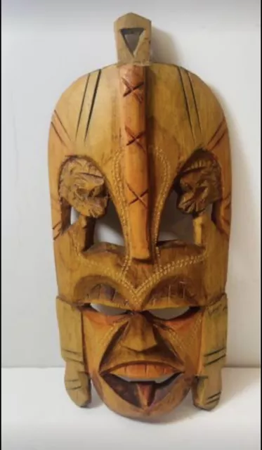 African Tribal Face Mask - Hand Carved Wood Wall Art Hanging - Vintage