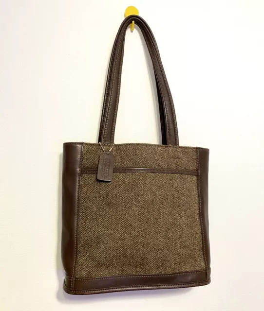 Coach Vintage Tweed Herringbone Wool Brown Leather Accents Field Tote Handbag