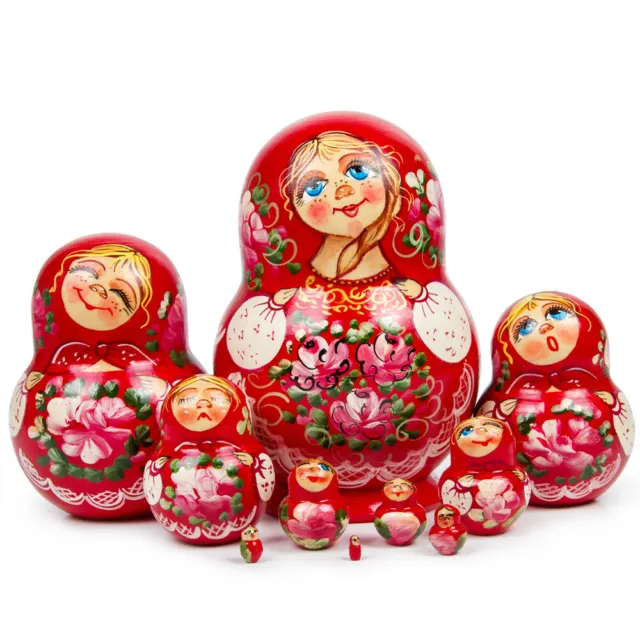 Red Nesting Dolls,Matryoshka Stacking Toy, Handmade Russian Doll, 10 pc,EMOTIONS