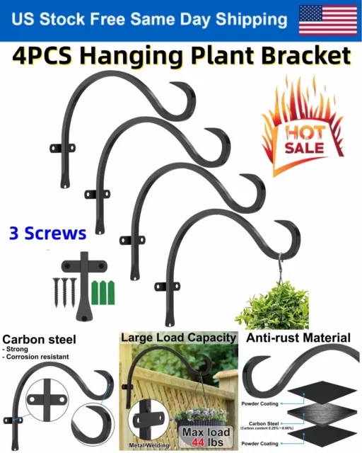 4Pack 12" Plant Hanger Bracket Cast Iron Hanging Flower Lanterns Hook Heavy Duty