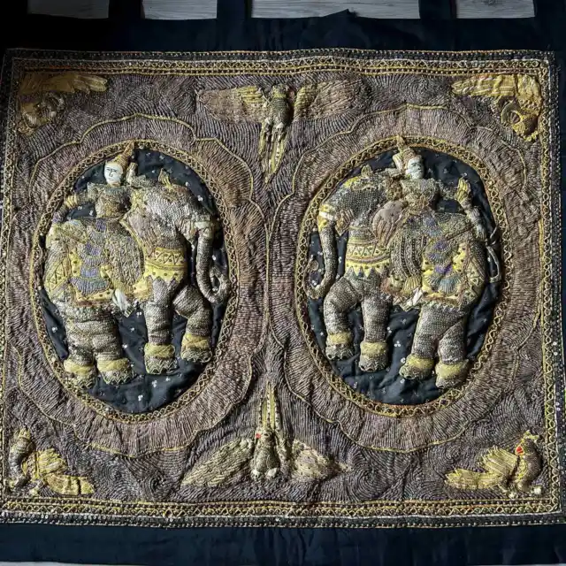 Antique 1950s Burmese Kalaga Warriors & Elephants Hanging Tapestry