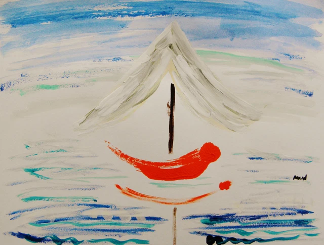 ORIGINAL Sail BOAT Landscape Raw Brut NAIVE Folk  OUTSIDER MCW art Mary Carol