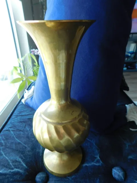 Vintage MCM Solid Brass Swirl Pattern Vase with Patina  India 10"