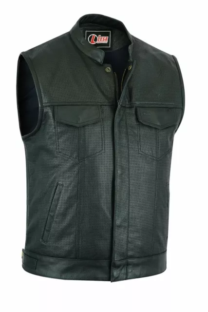 Mens Genuine Real Leather Perforated Biker Vest Club Style Cut Off Waistcoat