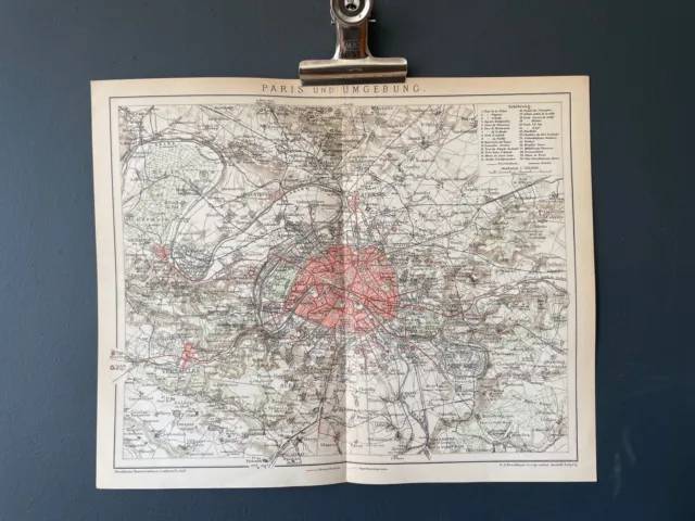 Parigi Francia Rara stampa antica della mappa Brockhaus del 1900 SPEDIZIONE...