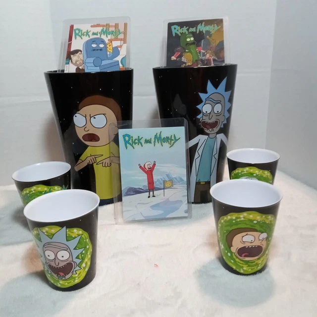 RICK & MORTY COLLECTORS LOT: INCL. Rare Promo Trading Cards, Authentic Glasses