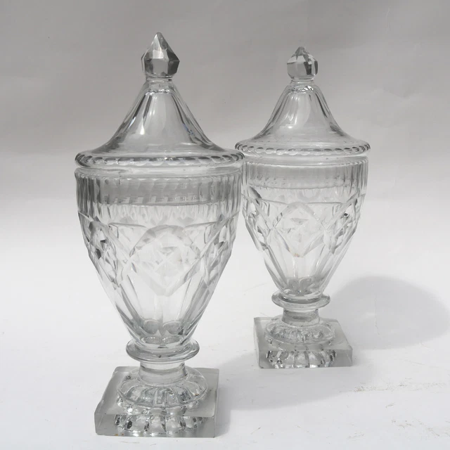 A pair of antique Georgian Irish small cut glass Urns / Bon Bon Jars C.1790 4