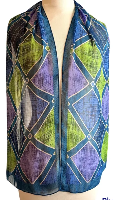 Jones New York Women's Scarf Silk Batik Print Blue Purple & Green Long 58”