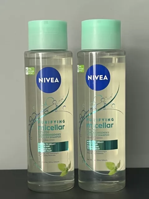 2x400ml Nivea Purifying Micellar Shampoo Normal to Greasy Hair Scalp NOSilicone