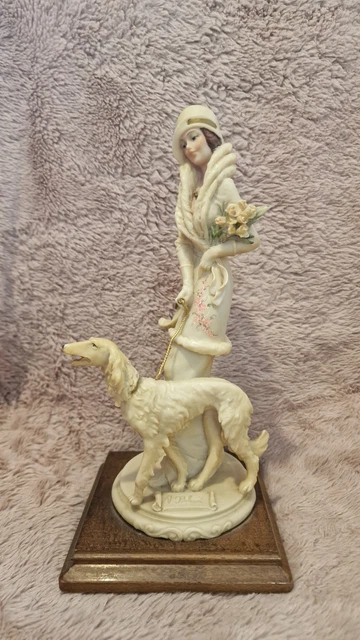VINTAGE A. BELCARI Italian Figurine Lady with Borzoi Dog on Wooden
