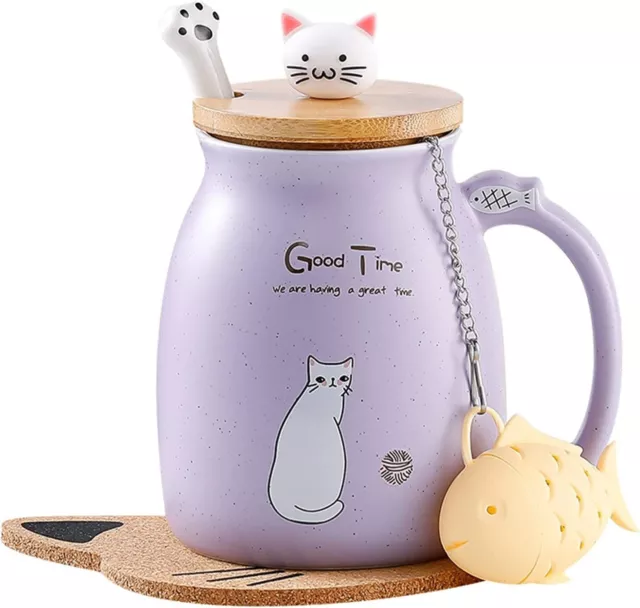 Cat Mug Cute Ceramic Coffee Cup with Lovely Kitty Wooden Lid Stainless Steel Spo