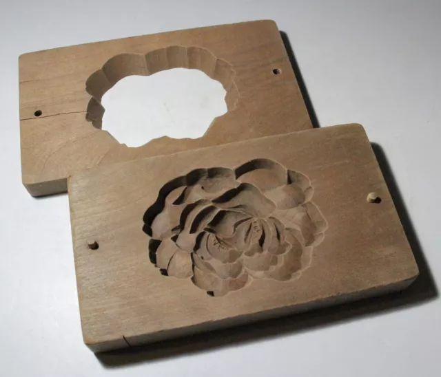 [Y] Japanese Antique Art Wooden Rice Cake Mold "KASHIGATA" Rose Carving RARE NR
