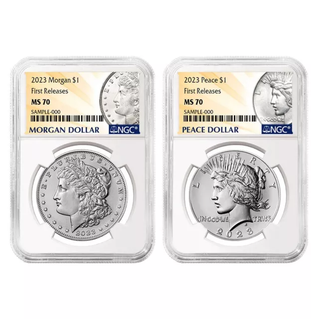 2023 $1 Morgan and Peace Silver Dollar 2pc Set NGC MS70 FR w/Box&COA