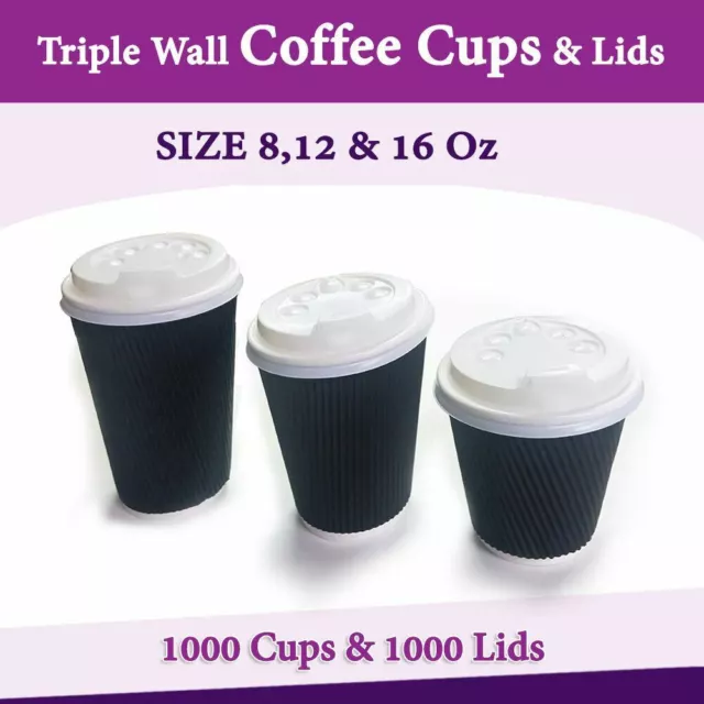 Triple Wall Disposable Coffee Cups 8oz/12oz/16oz  with Lids