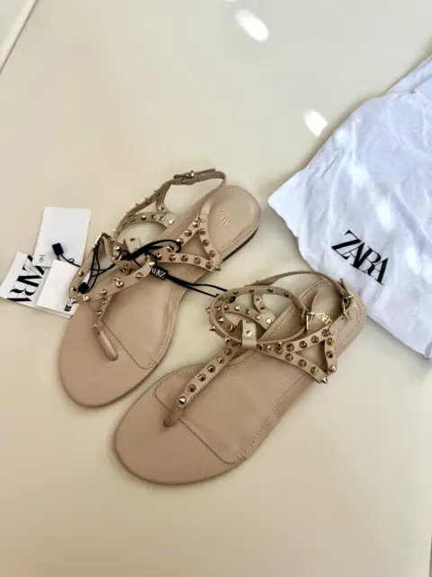 Zara Beige Metallic Gold Studded Wrap around Gladiator Sandals Size US 5 NEW