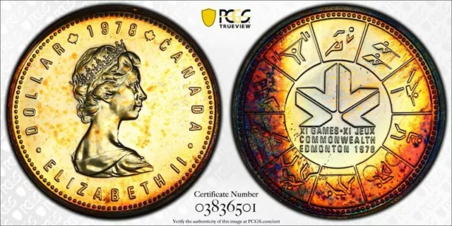 SP66 1978 $1 Canada Commonwealth Games Silver Dollar, PCGS Secure- Rainbow Toned