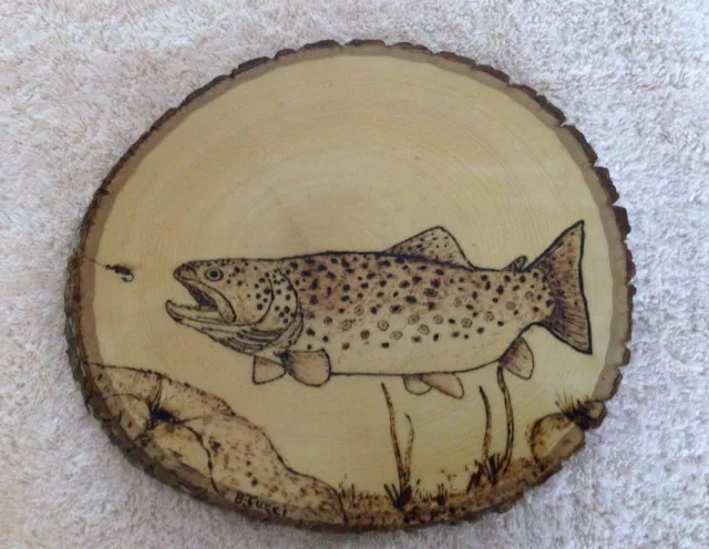 Basswood Brown Trout wood burn art pyrography 10" solid, live edge hand burned