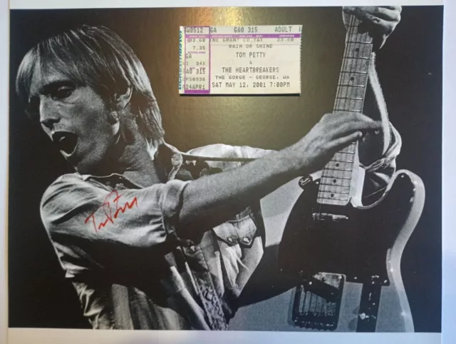 TOM PETTY SIGNED PHOTO Matte Finish WITH CONCERT TICKET AND COA SIZE IS 11X12in