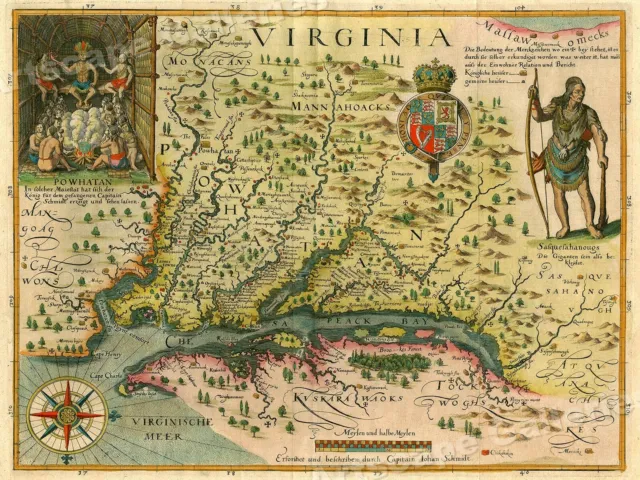 1627 Map of Virginia by John Smith Historic Vintage Style Wall Map - 18x24