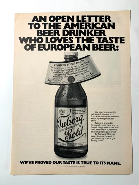 1979 Tuborg Gold Beer Print Ad European Beer  Certificate of Authenticity