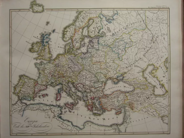 1846 SPRUNER ANTIQUE HISTORICAL MAP ~ EUROPE end of 14th CENTURY FRANCE GERMANY