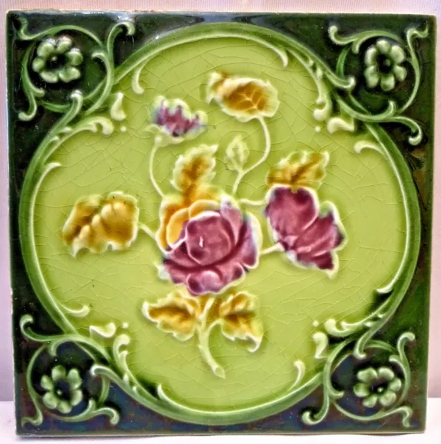Tile Vintage Porcelain Rose Purple England Art Nouveau Majolica Collectibles#108