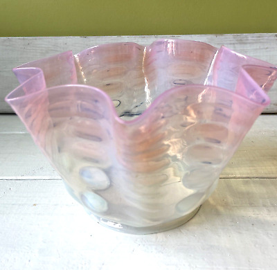 Antique Blown Pink Opalescent Swirl Glass Crimp 4-3/4" Base Lamp Shade