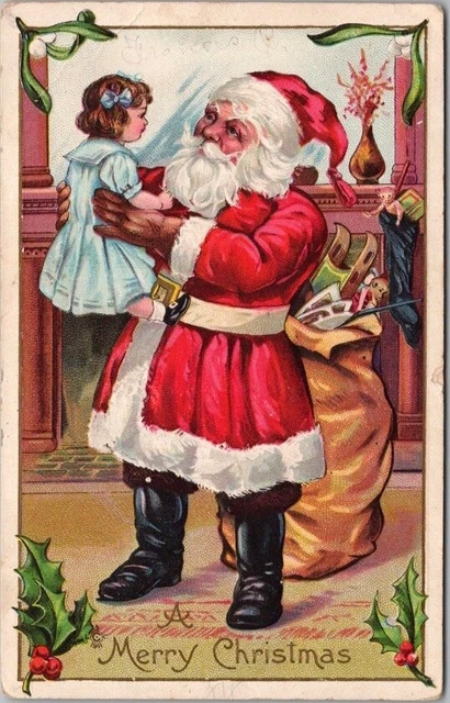 1910s Merry Christmas Postcard SANTA CLAUS w/ Doll -Fireplace Scene STECHER 227B