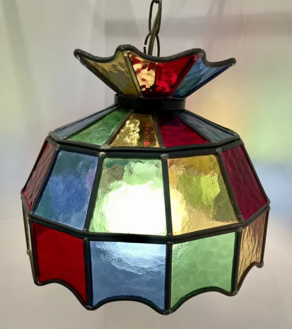 Vtg MCM Swag Stained Glass Hanging Light Multi Color Tiffany Style 12 Ft Chain
