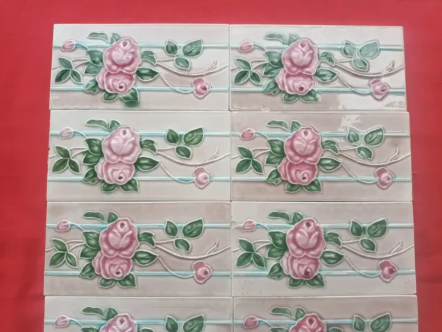 10 Piece Lot Old Art Floral Design Embossed Majolica Ceramic Tiles Japan 0178 4