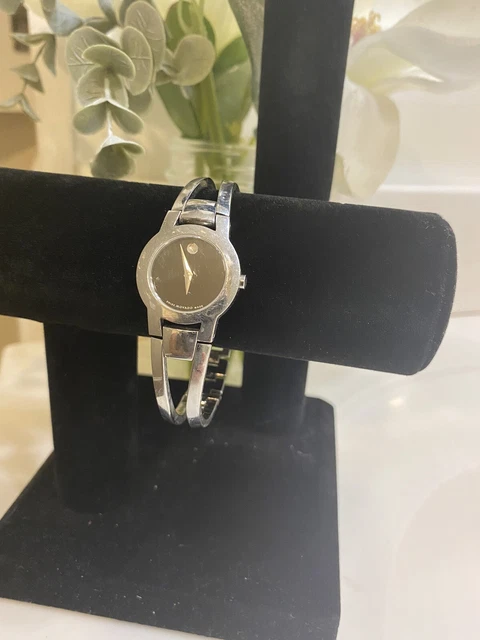 Movado Amorosa Black Dial Stainless Steel Ladies Bangle Bracelet Watch Need Batt