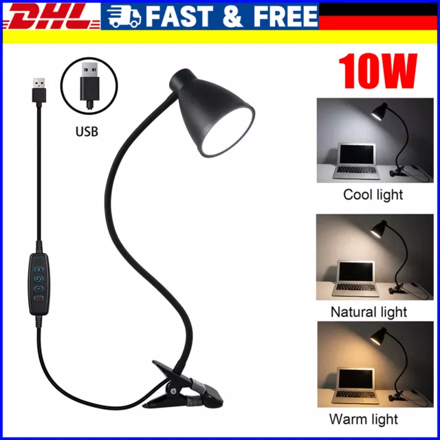 LED Klemmleuchte dimmbar Schreibtischlampe Leselampe flexibel USB Tischlampe 10W