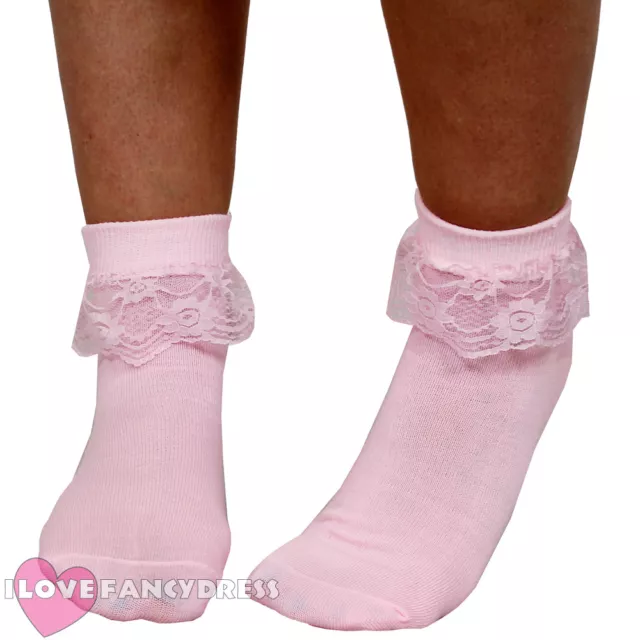 Pink Bobby Socks 1950'S Rock N Roll Fancy Dress Lace Trim Frilly Dance Sock